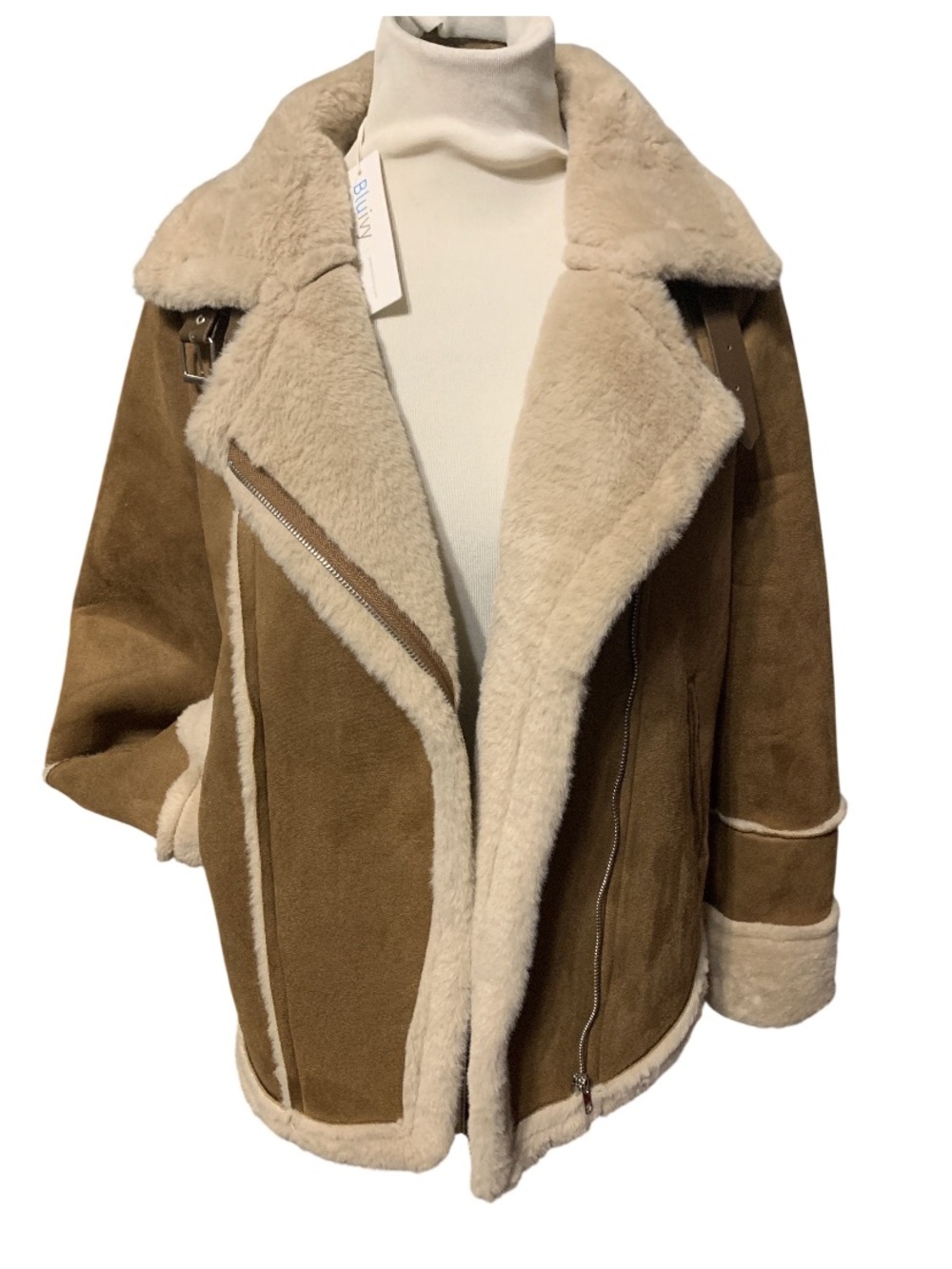 Bluivy Tan and Cream Faux Shearling Bomber Jacket